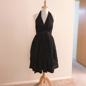 Vintage Plunge Neck Backless Black Cotton Dress